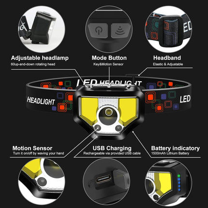 Curtsod Headlamp Rechargeable, 2-Pack 1200 Lumen Super Bright with White Red LED Head Lamp Flashlight, 12 Modes, Motion Sensor, Waterproof, Outdoor Fishing Camping Running Cycling Headlight
