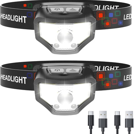 Curtsod Headlamp Rechargeable, 2-Pack 1200 Lumen Super Bright with White Red LED Head Lamp Flashlight, 12 Modes, Motion Sensor, Waterproof, Outdoor Fishing Camping Running Cycling Headlight