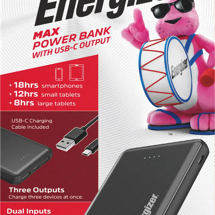 Energizer - MAX 5,000 mAh Ultra-Slim, 3-Port USB-C High Speed Universal Portable Charger Power bank, Charges Three Devices at Once - Black