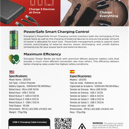Energizer - MAX 5,000 mAh Ultra-Slim, 3-Port USB-C High Speed Universal Portable Charger Power bank, Charges Three Devices at Once - Black