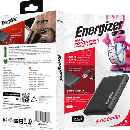 Energizer - MAX 5,000 mAh Ultra-Slim, 3-Port USB-C High Speed Universal Portable Charger Power bank, Charges Three Devices at Once - Black