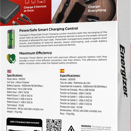 Energizer - MAX 5,000 mAh Ultra-Slim, 3-Port USB-C High Speed Universal Portable Charger Power bank, Charges Three Devices at Once - Black