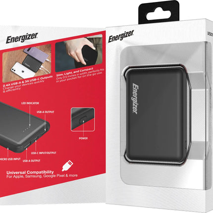 Energizer - MAX 5,000 mAh Ultra-Slim, 3-Port USB-C High Speed Universal Portable Charger Power bank, Charges Three Devices at Once - Black