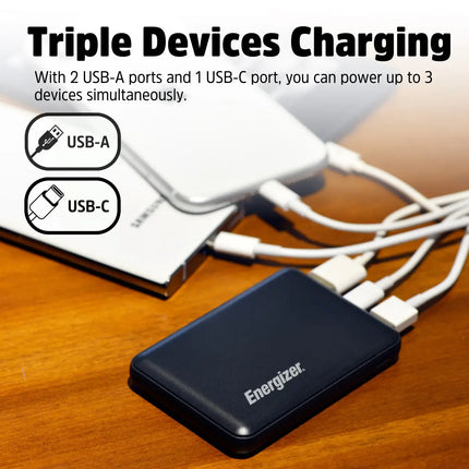 Energizer - MAX 5,000 mAh Ultra-Slim, 3-Port USB-C High Speed Universal Portable Charger Power bank, Charges Three Devices at Once - Black