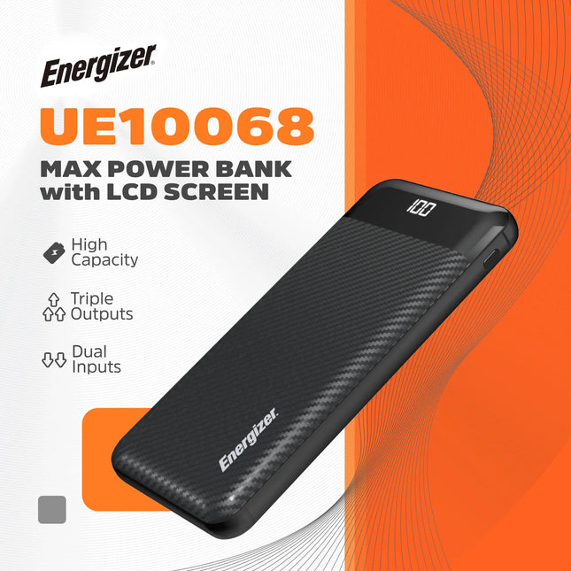 Energizer - MAX 10,000mAh 15W USB-C 3-Port Universal Portable Battery Charger/Power Bank w/ LCD screen for Smartphones & Accessories - Black