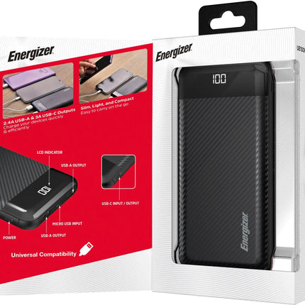 Energizer - MAX 10,000mAh 15W USB-C 3-Port Universal Portable Battery Charger/Power Bank w/ LCD screen for Smartphones & Accessories - Black