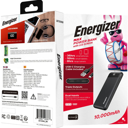 Energizer - MAX 10,000mAh 15W USB-C 3-Port Universal Portable Battery Charger/Power Bank w/ LCD screen for Smartphones & Accessories - Black
