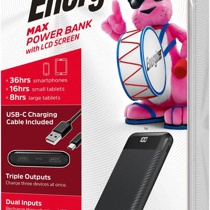 Energizer - MAX 10,000mAh 15W USB-C 3-Port Universal Portable Battery Charger/Power Bank w/ LCD screen for Smartphones & Accessories - Black