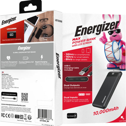 Energizer - MAX 10,000mAh 15W USB-C 3-Port Universal Portable Battery Charger/Power Bank w/ LCD screen for Smartphones & Accessories - Black