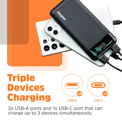 Energizer - MAX 10,000mAh 15W USB-C 3-Port Universal Portable Battery Charger/Power Bank w/ LCD screen for Smartphones & Accessories - Black