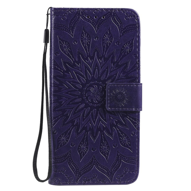 For OPPO A7 / A5s Pressed Printing Sunflower Pattern Horizontal Flip PU Leather Case (Purple)