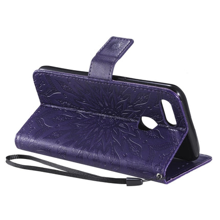 For OPPO A7 / A5s Pressed Printing Sunflower Pattern Horizontal Flip PU Leather Case (Purple)