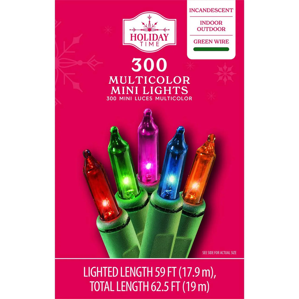 300-Count Multicolor Incandescent Mini Christmas Lights with Green Wire, 62.5' Holiday Time