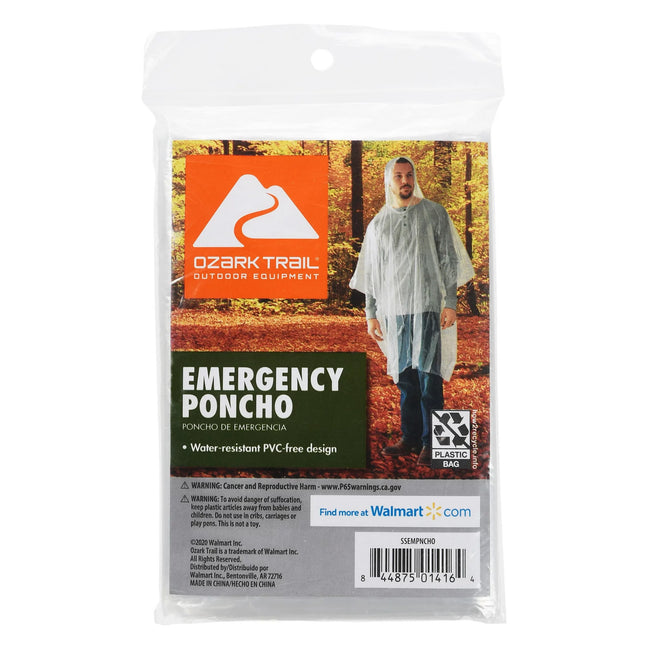 Ozark Trail Clear Hooded Adult Unisex Emergency Poncho, One Size Fits Most