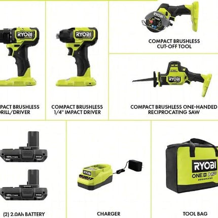 RYOBI ONE+ 18V Cordless 6-Tool Combo Kit with 1.5 Ah Battery, 4.0Ah Battery, and Charge
