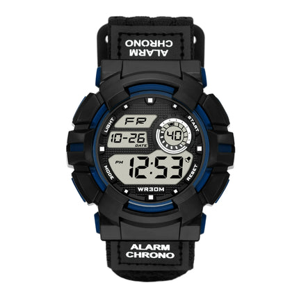 George Men's Digital Watch: Black/Blue Round Case, Positive Display, Black Nylon Fast-Fit Strap