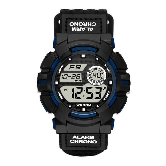 George Men's Digital Watch: Black/Blue Round Case, Positive Display, Black Nylon Fast-Fit Strap