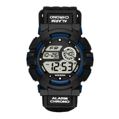 George Men's Digital Watch: Black/Blue Round Case, Positive Display, Black Nylon Fast-Fit Strap