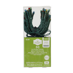 50-Count Battery-Operated 8-Function Multicolor LED Micro Christmas Lights, Green Wire, Holiday Time