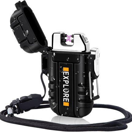 LcFun Waterproof Lighter Outdoor Windproof Dual Arc Electric Lighters USB Rechargeable-Flameless-Plasma Cool Lighters for Camping, Hiking, Adventure, Survival Tactical Gear (Black)