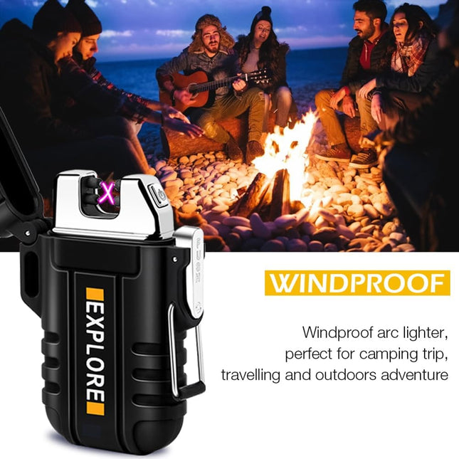 LcFun Waterproof Lighter Outdoor Windproof Dual Arc Electric Lighters USB Rechargeable-Flameless-Plasma Cool Lighters for Camping, Hiking, Adventure, Survival Tactical Gear (Black)