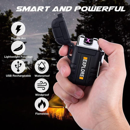 LcFun Waterproof Lighter Outdoor Windproof Dual Arc Electric Lighters USB Rechargeable-Flameless-Plasma Cool Lighters for Camping, Hiking, Adventure, Survival Tactical Gear (Black)
