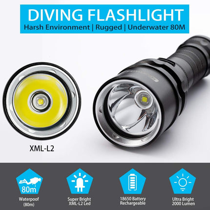 Genwiss Scuba Diving Flashlight Dive Torch 2000 Lumen Waterproof UnderwaterXM-L2 LED