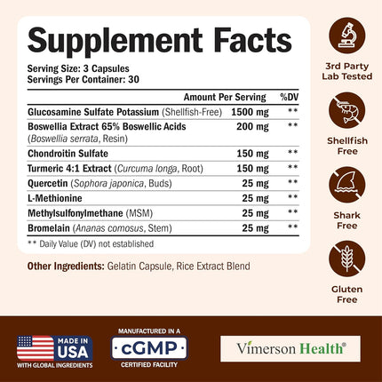 Glucosamine Chondroitin MSM Turmeric Boswellia - Joint Support Supplement.Antioxidant Properties. Helps with Inflammatory Response. Occasional Discomfort Relieffor Back, Knees & Hands. 90 Capsules
