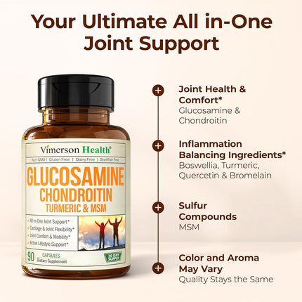 Glucosamine Chondroitin MSM Turmeric Boswellia - Joint Support Supplement.Antioxidant Properties. Helps with Inflammatory Response. Occasional Discomfort Relieffor Back, Knees & Hands. 90 Capsules