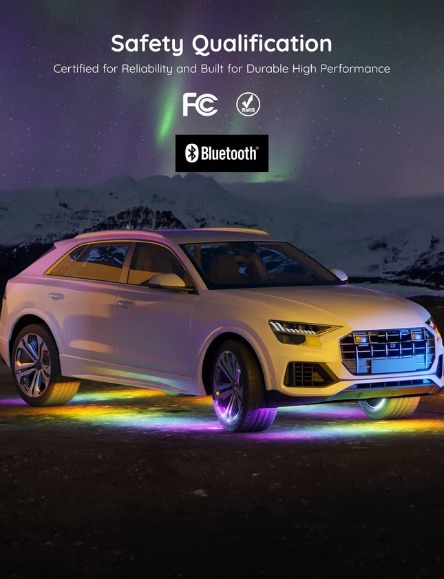 Govee Underglow Car Lights, 4 pcs RGBIC Smart LED Lights with 16 Million Colors and 10 Scene Modes with App Control, 2 Music Modes for Cars, SUVs, Trucks, Christmas, DC 12-24V