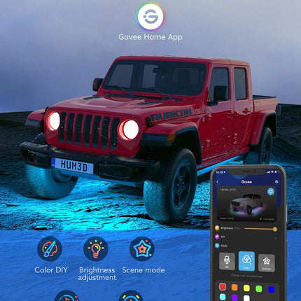 Govee Underglow Car Lights, 4 pcs RGBIC Smart LED Lights with 16 Million Colors and 10 Scene Modes with App Control, 2 Music Modes for Cars, SUVs, Trucks, Christmas, DC 12-24V