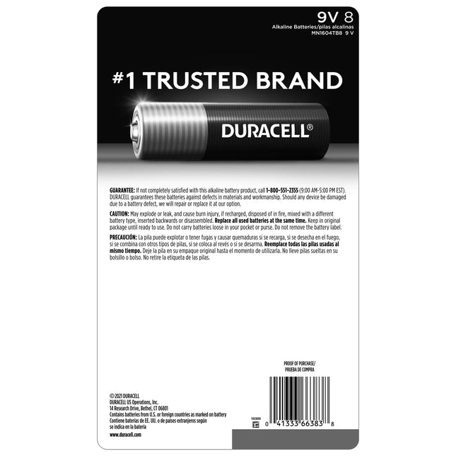 Duracell Alkaline 9 Volt Batteries, 8 ct