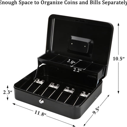 Jssmst Large Cash Box with Lock - 2017 New Metal Money Box 100% Safe, 11.8L x 9.5W x 3.5H Inches, Black, SM-CB0501L