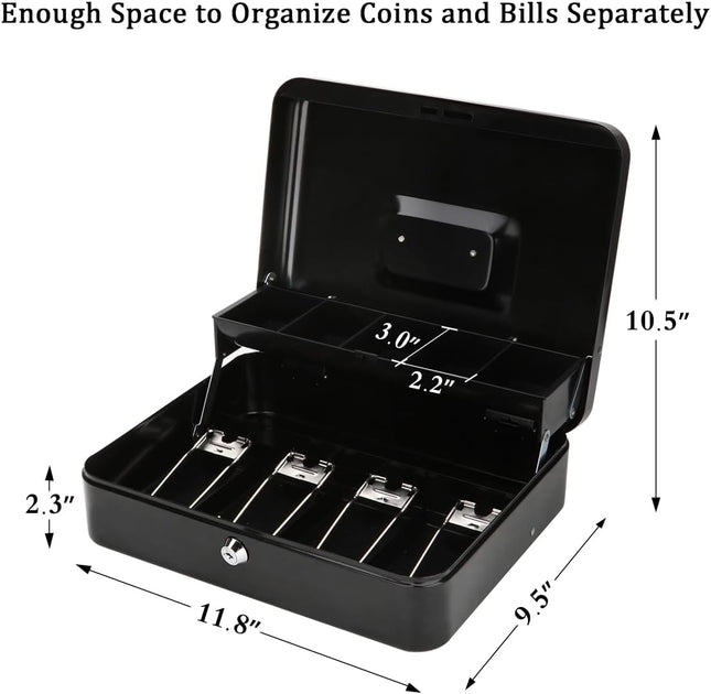 Jssmst Large Cash Box with Lock - 2017 New Metal Money Box 100% Safe, 11.8L x 9.5W x 3.5H Inches, Black, SM-CB0501L