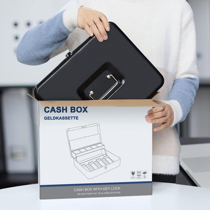 Jssmst Large Cash Box with Lock - 2017 New Metal Money Box 100% Safe, 11.8L x 9.5W x 3.5H Inches, Black, SM-CB0501L