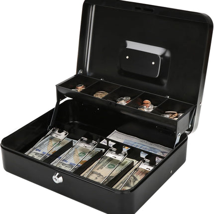 Jssmst Large Cash Box with Lock - 2017 New Metal Money Box 100% Safe, 11.8L x 9.5W x 3.5H Inches, Black, SM-CB0501L