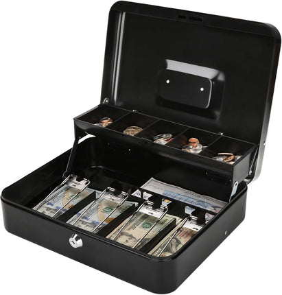 Jssmst Large Cash Box with Lock - 2017 New Metal Money Box 100% Safe, 11.8L x 9.5W x 3.5H Inches, Black, SM-CB0501L