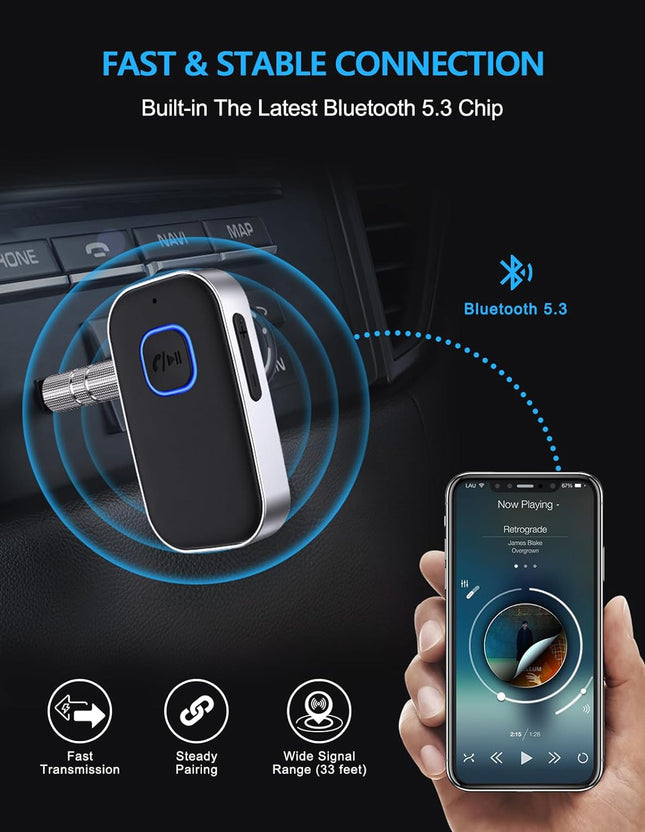 COMSOON Bluetooth Receiver for Car, Noise Cancelling 3.5mm AUX Bluetooth Car Adapter, Wireless Audio Receiver for Home Stereo/Wired Headphones, Hands-Free Call, 16H Battery Life - Black+Silver
