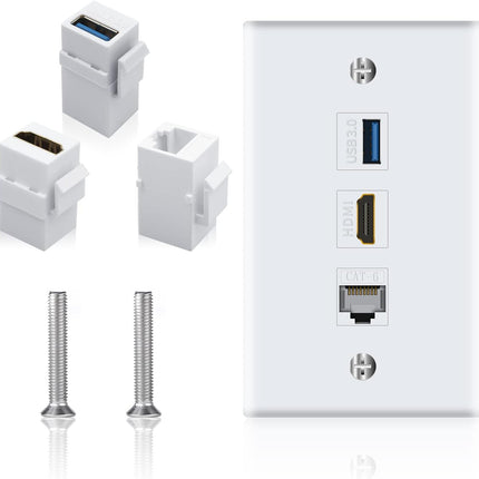Poyiccot HDMI RJ45 Wall Plate, 3Port HDMI USB Outlet Wall Plate, White