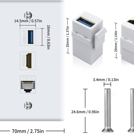 Poyiccot HDMI RJ45 Wall Plate, 3Port HDMI USB Outlet Wall Plate, White