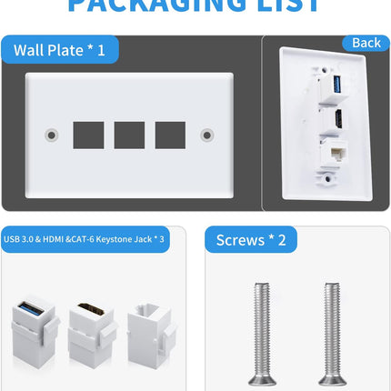 Poyiccot HDMI RJ45 Wall Plate, 3Port HDMI USB Outlet Wall Plate, White
