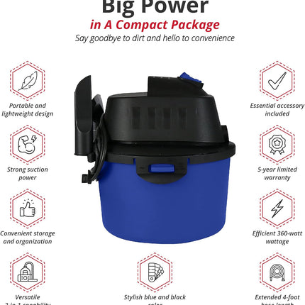 Koblenz WD-2L Portable Wet-Dry Vacuum, 2.0 Gallon/2.0HP Compact Lightweight, Blue+Black 5 Year Warranty