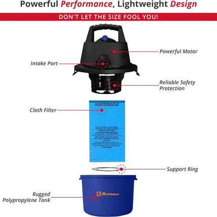 Koblenz WD-2L Portable Wet-Dry Vacuum, 2.0 Gallon/2.0HP Compact Lightweight, Blue+Black 5 Year Warranty