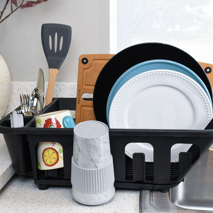 Mainstays 2-Piece Plastic Kitchen Sink Set, Dish Rack with Slide-out Drip Tray, Black