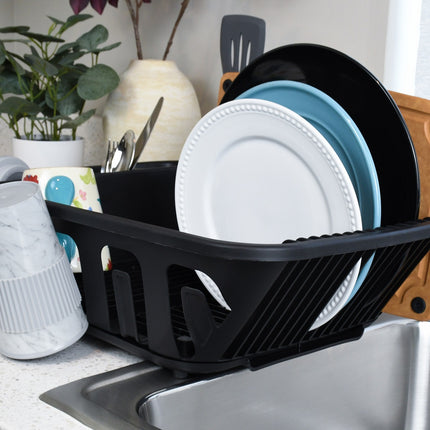 Mainstays 2-Piece Plastic Kitchen Sink Set, Dish Rack with Slide-out Drip Tray, Black