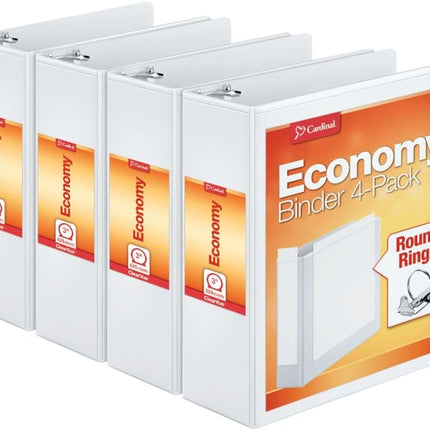 Cardinal Economy 3-Ring Binders, 3", Round Rings, Holds 625 Sheets, ClearVue Presentation View, Non-Stick, White, Carton of 12 (90651)