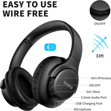 KVIDIO [Updated Bluetooth Headphones Over Ear, 65 Hours Playtime Wireless Headphones with Microphone,FoldableLightweight Headset with Deep Bass,HiFi Stereo Sound for Travel Work Cellphone