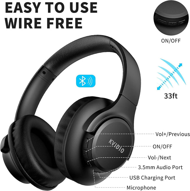 KVIDIO [Updated Bluetooth Headphones Over Ear, 65 Hours Playtime Wireless Headphones with Microphone,FoldableLightweight Headset with Deep Bass,HiFi Stereo Sound for Travel Work Cellphone
