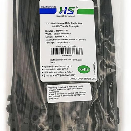 HS Plastic Ties with Screw Holes (100 Pack) 7.5 Inch Mount Head Electrical Zip Ties 50 LBS,UV Black