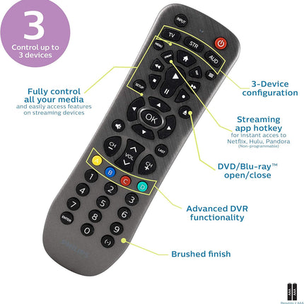 Philips Universal Remote Control Replacement for Samsung, Vizio, LG, Sony, Sharp, Roku, Apple TV, RCA, Panasonic, Smart TVs, Streaming Players, Blu-ray, DVD, Simple Setup, 3 Device, Black, SRP9232D/27